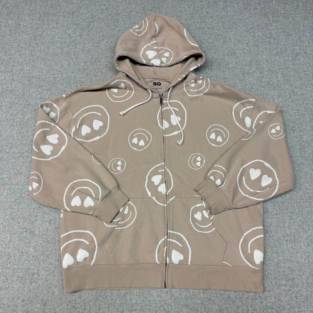 SO | Heart Eye Smiley Face Zip Up Hoodie | M | Tan | Lounge Life Sweatshirt